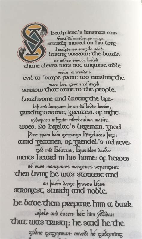 Text from Beowulf, with illuminated initial, modern English, and Old ...