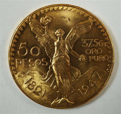 1947 Mexico 50 Pesos Gold Coin, 37.5g Oro Puro, Gold