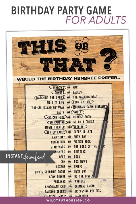 This or That Game - Unique Birthday Party Printable For Adults – Wild ...