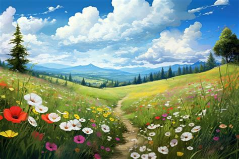 Beautiful spring landscape with flowers and mountains in the background. Digital painting ...