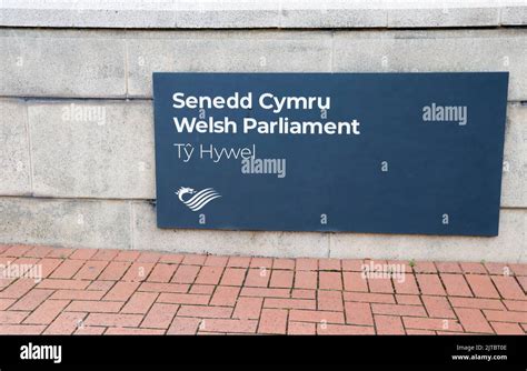 Sign outside Ty Hywel / Hywel House. Welsh Parliament building. Senedd Cymru. Cardiff Bay ...