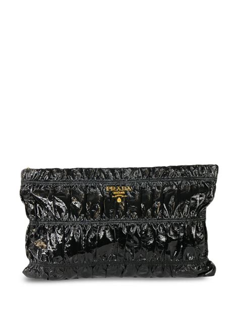 Pre-owned Prada Logo-lettering Ruched Clutch Bag In Black | ModeSens