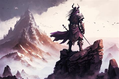 Premium AI Image | Illustration of a stone warrior guardian atop a fantasy mountain