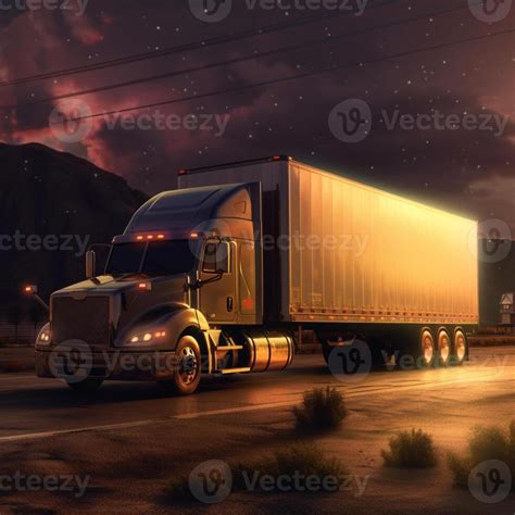 there is a semi truck driving down the road at night. generative ai. 28456169 Stock Photo at ...