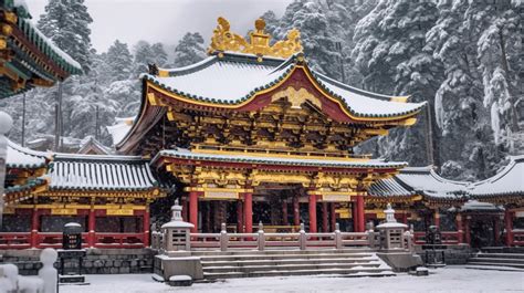 Japanese Temple In A Snowy Setting Near Trees Background, Nikko Toshogu Shrine In Winter Weather ...