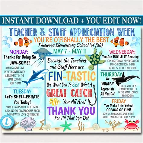 Under the Sea Themed Teacher Appreciation Week Itinerary Poster Printable | Staff appreciation ...