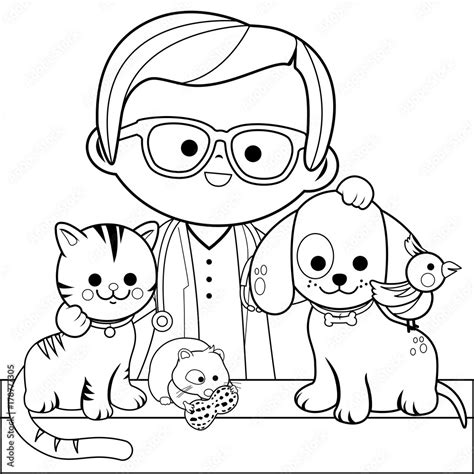 Veterinarian and pets. Vector black and white coloring page. Stock-Vektorgrafik | Adobe Stock