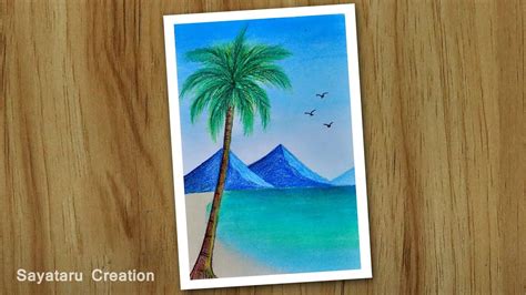 How to draw sea beach scenery, Oil pastel drawing for beginners, Mountai... in 2020 | Oil pastel ...