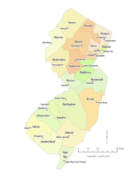 State of New Jersey County Map with the County Seats - CCCarto