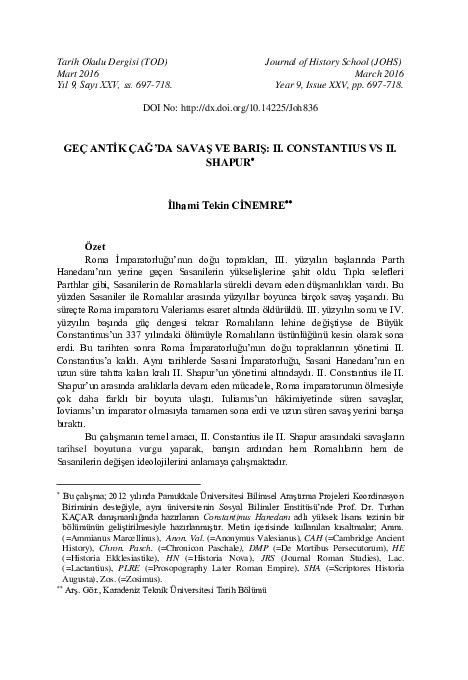 (PDF) Geç Antik Çağ'da Savaş ve Barış: II. Constantius vs II. Shapur / War and Peace in the Late ...