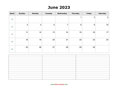 Download June 2023 Blank Calendar with Space for Notes (horizontal)