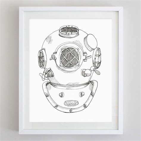 Scuba Helmet Drawing Print Scuba Diver Ocean Wall Art - Etsy