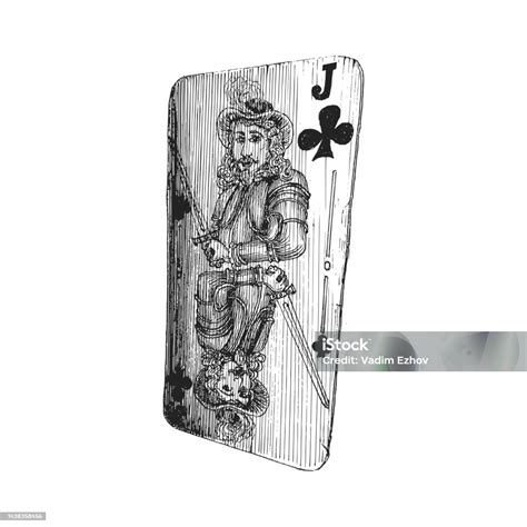 The Jack Of Clubs Playing Card Hand Drawn Illustration In Vector Sketch In Engraving Style Stock ...