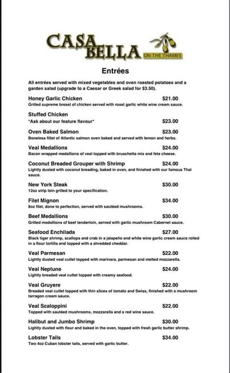 Menu at Casa Bella Restaurant, Chatham-Kent