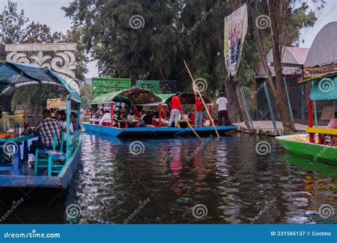 Traditional Colorful Trajineras in Xochimilco Lake with Trees As ...