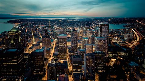 city, Seattle Skyline, river, sky, house, scraper, seattle, 1080P, evening, skyline HD Wallpaper