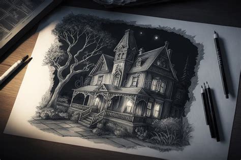 Pencil Sketch of Gothic House, with Spooky Details and Shadows, Against the Night Sky Stock ...