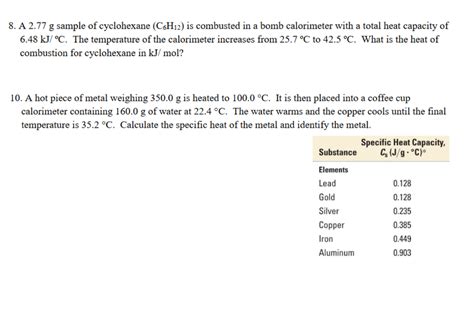 Solved 8. A 2.77 g sample of cyclohexane (C6H12) is | Chegg.com