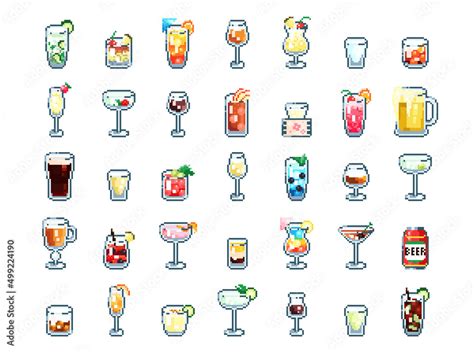 Set of Pixel art cocktail set. Retro 90s gaming 8 bit icon of pixel ...