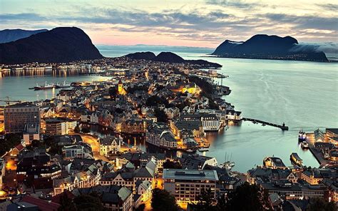 HD wallpaper: aerial photo of city buildings, landscape, Ålesund, water, architecture ...