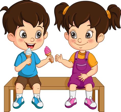 niños de dibujos animados comiendo helado en el parque 6798428 Vector en Vecteezy