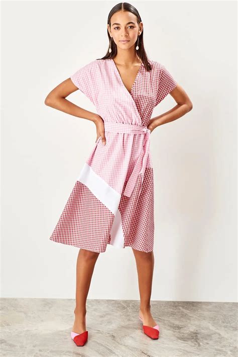 Trendyol Pink Belted Plaids Dress TWOSS19IE0035-in Dresses from Women's Clothing on Aliexpress ...