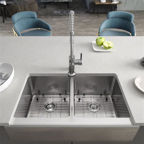 Rene Farmhouse Apron Front Stainless Steel 32-3/4 in. Double Bowl Kitchen Sink-R1-3002-16 - The ...