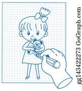 3 Sketching Little Girl On Grid Paper Illustration Clip Art | Royalty ...