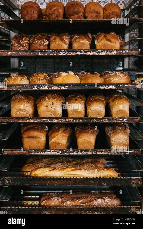 A lot of ready-made fresh bread in a bakery oven in a bakery. Bread making business Stock Photo ...