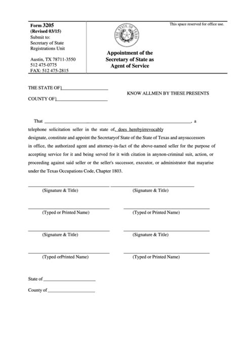 Fillable Form 3205 - Appointment Of The Secretary Of State As Agent Of Service - Texas Secretary ...