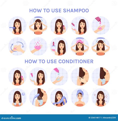 How To Use Shampoo, Conditioner, Balm For Long Hair. Steps. Instruction. Beautiful Brunette ...