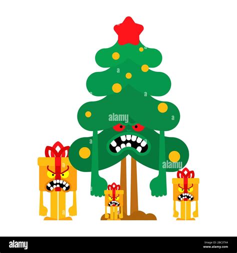 Angry Christmas. Crazy Christmas tree and gift box. Xmas and New Year ...