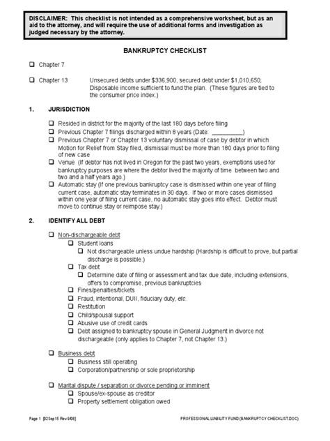 Bankruptcy Checklist | PDF | Chapter 7 | Chapter 13