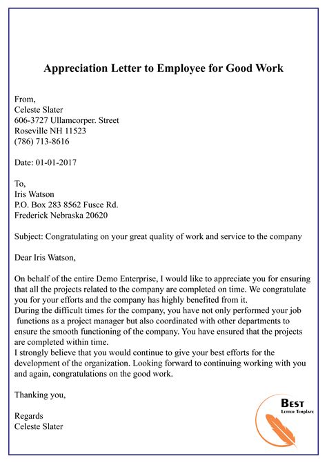 Employee Recognition Letter Examples