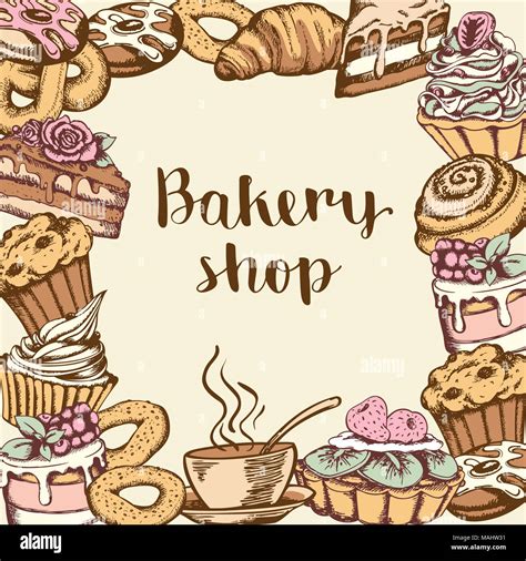 Vintage hand drawn background with bakery products and sweet cakes Stock Photo - Alamy