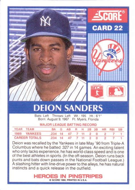 1990 Score New York Yankees #22 Deion Sanders | Trading Card Database