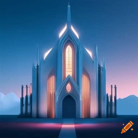 Minimalist white futuristic gothic church exterior with glowing crystals under a sunset sky in ...