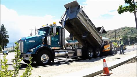 DUMP TRUCKS #29 - (Pt 5) Asphalt Paving Multi-Use Pathway. International. Kenworth. LeeBoy - YouTube