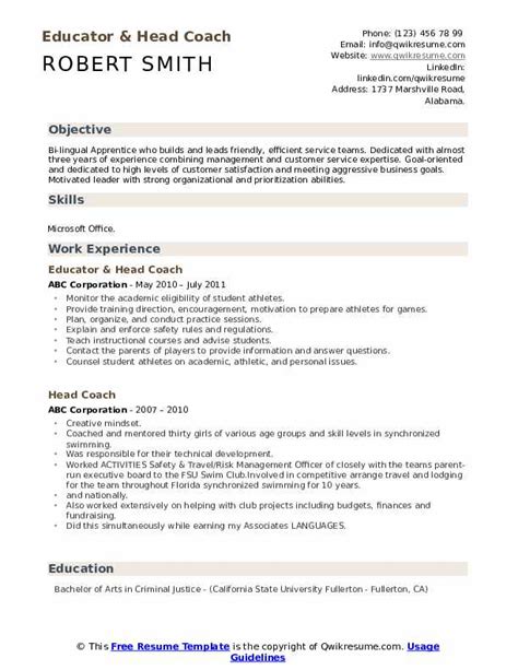 Head Coach Resume Samples | QwikResume