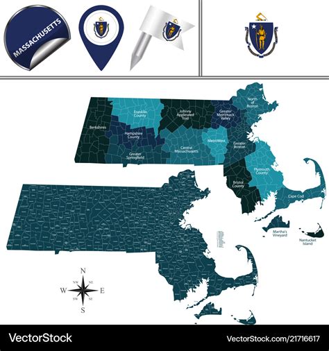 Map of massachusetts with regions Royalty Free Vector Image