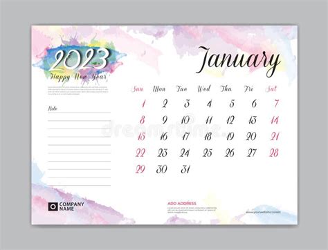 Calendar 2023 Template on Colorful Watercolor Background, January Month Design, Desk Calendar ...