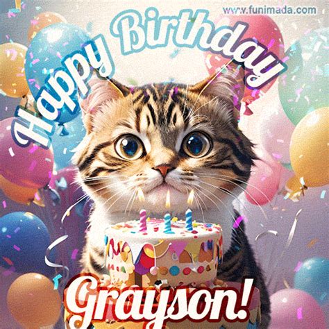 Happy birthday gif for Grayson with cat and cake | Funimada.com