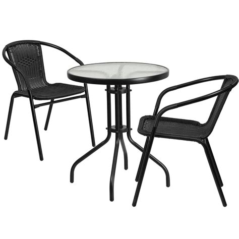 Restaurant Glass Metal Table 23.75" Round with 2 Black Stackable Rattan Chair - Restaurant ...