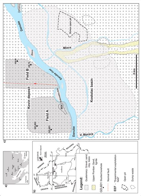 Location of the Kovin deposit (a, b) and simplified geological map (c ...