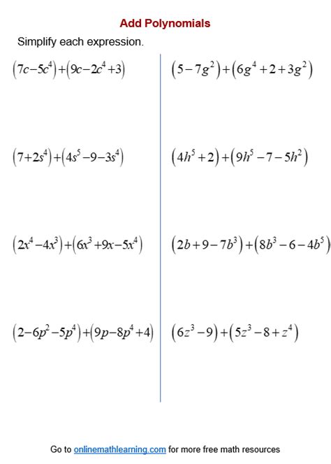 Add & Subtract Polynomial Worksheets (printable, online, answers, examples)