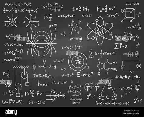 Scientific formulas. Mathematics and physics calculus on class chalkboard. Algebra and physical ...