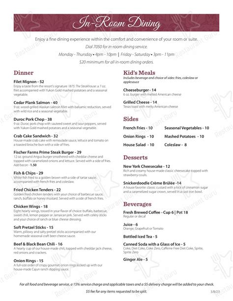 Menu at 1875: The Steakhouse, French Lick