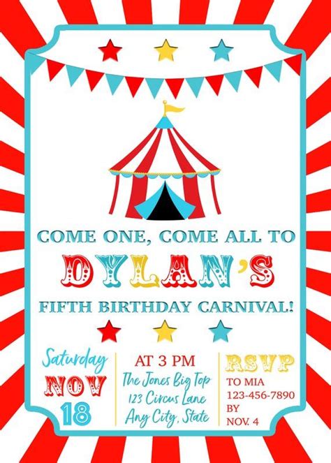 Circus Birthday Invitation Carnival Birthday Invitation | Etsy in 2021 | Circus birthday ...