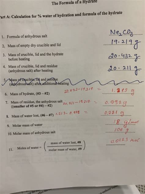 Solved The Formula of a Hydrate Part A: Calculation for % | Chegg.com