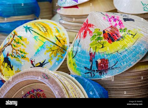 Traditional bamboo hats made on Hue, local market. Souvernir from Vietnam Stock Photo - Alamy